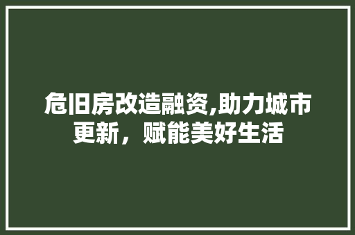 危旧房改造融资,助力城市更新，赋能美好生活