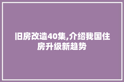 旧房改造40集,介绍我国住房升级新趋势