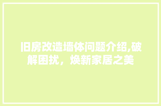 旧房改造墙体问题介绍,破解困扰，焕新家居之美