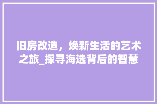 旧房改造，焕新生活的艺术之旅_探寻海选背后的智慧与变革