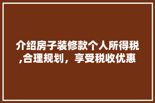 介绍房子装修款个人所得税,合理规划，享受税收优惠